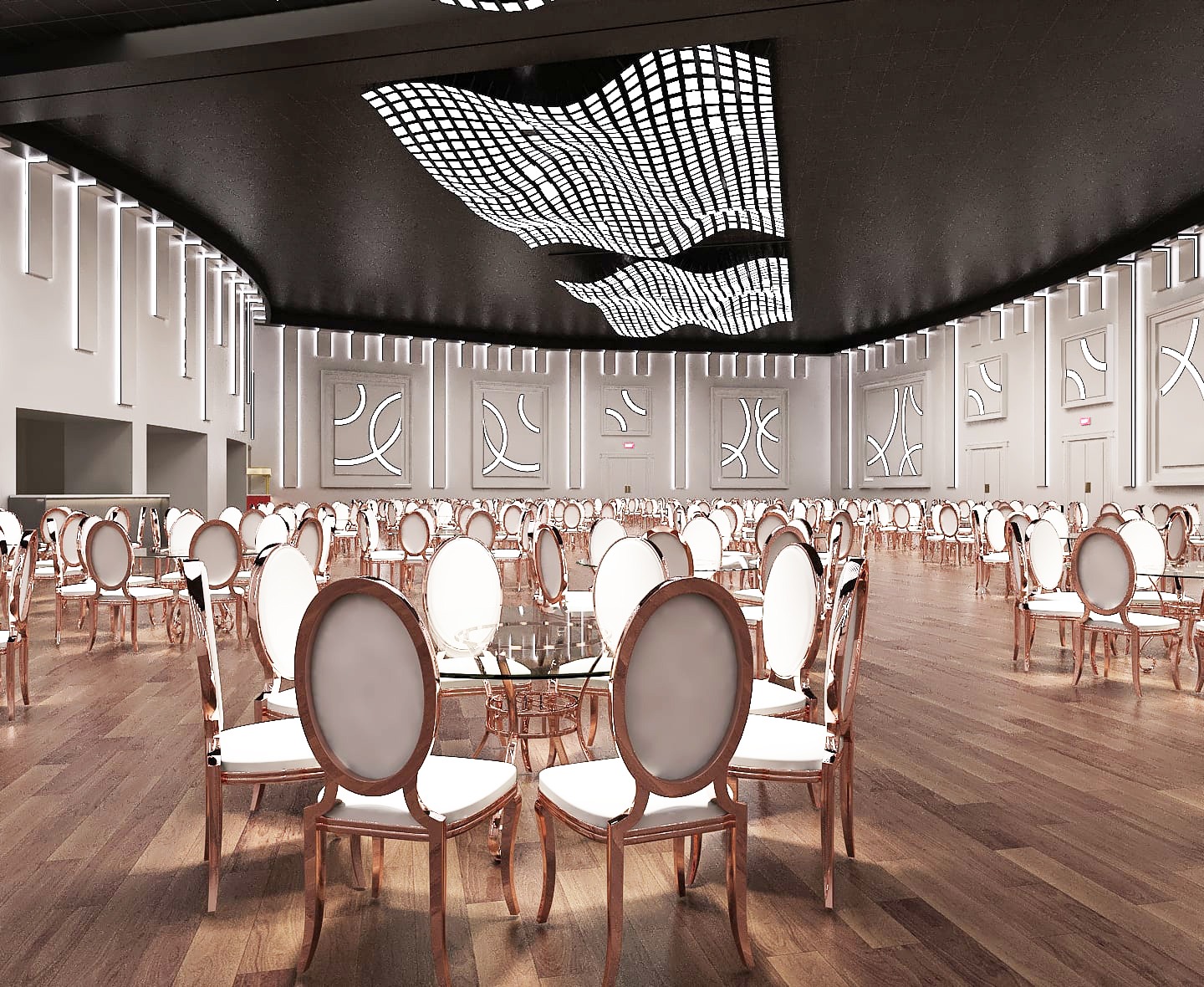 Round table arrangement beneath sculptural ceiling lighting at Palacio Event Centre